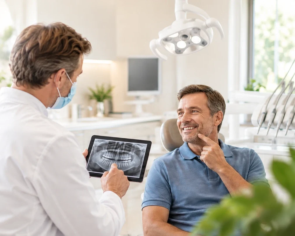 A dental consultation with an X-ray image